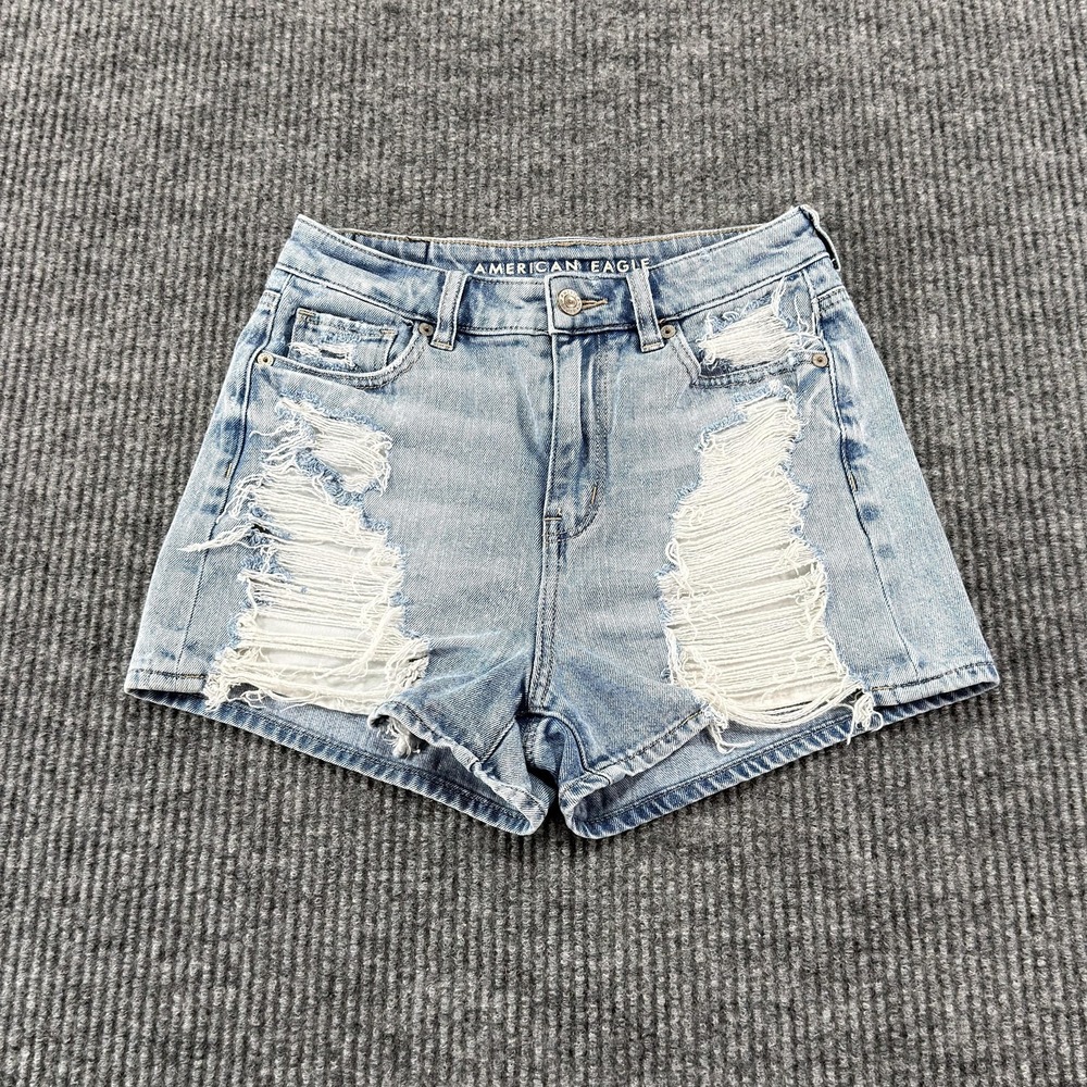American Eagle Mom Short Denim Shorts Womens 0 Blue Distressed High Rise Stretch